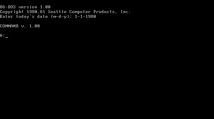 File:86-DOS 1.00 First Boot.png