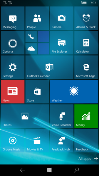 File:Windows 10 Mobile-10.0.14291.1001-Start Screen.png