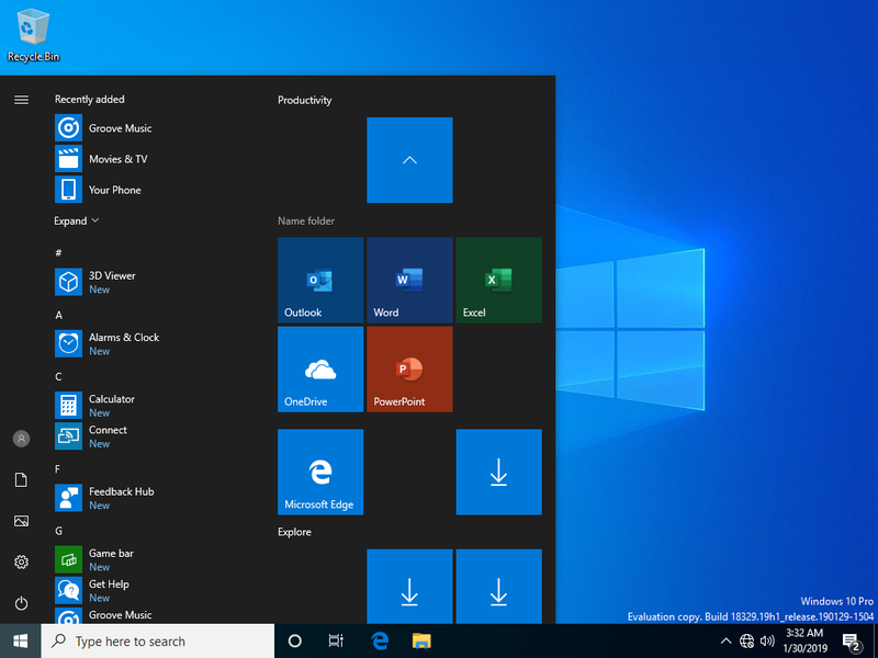 File:Windows 10 build 18329-1 Start.png