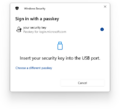 The Windows Security credential dialogs for passkey