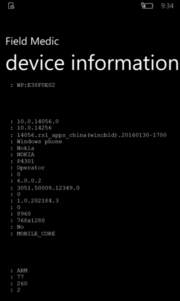 File:Windows 10 Mobile-10.0.14256.1000-Field Medic device information.png